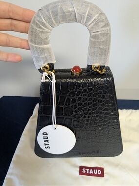 NWT STAUD Kenny Black Croc-Embossed Leather Top Handle Bag - Clamshell